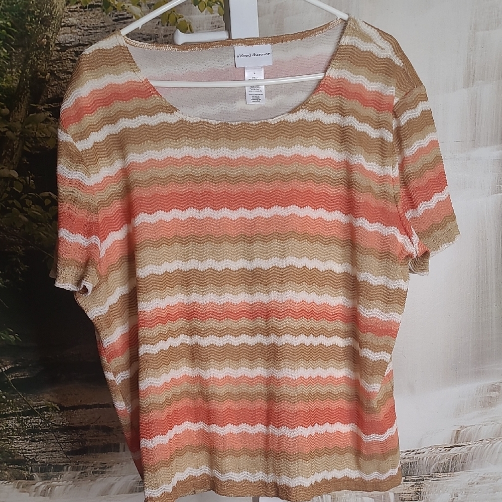 Alfred Dunner Womens Large Zigzag Striped Orange Brown Wavy Short Sleeve Top